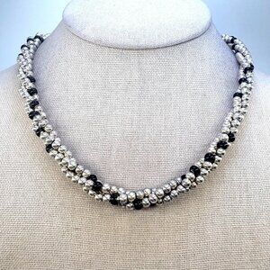 VTG Sterling Silver 825 Triple Strand Silver Bead & Black Onyx Necklace 20" L